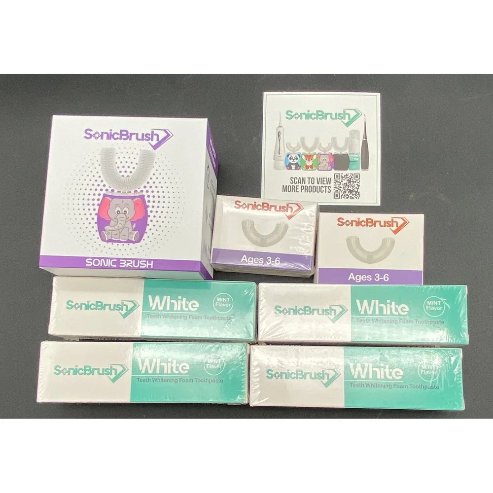 SonicBrush Kids U-Shaped Electric Toothbrush Set Purple Elephant Mint Foam 7pc‎